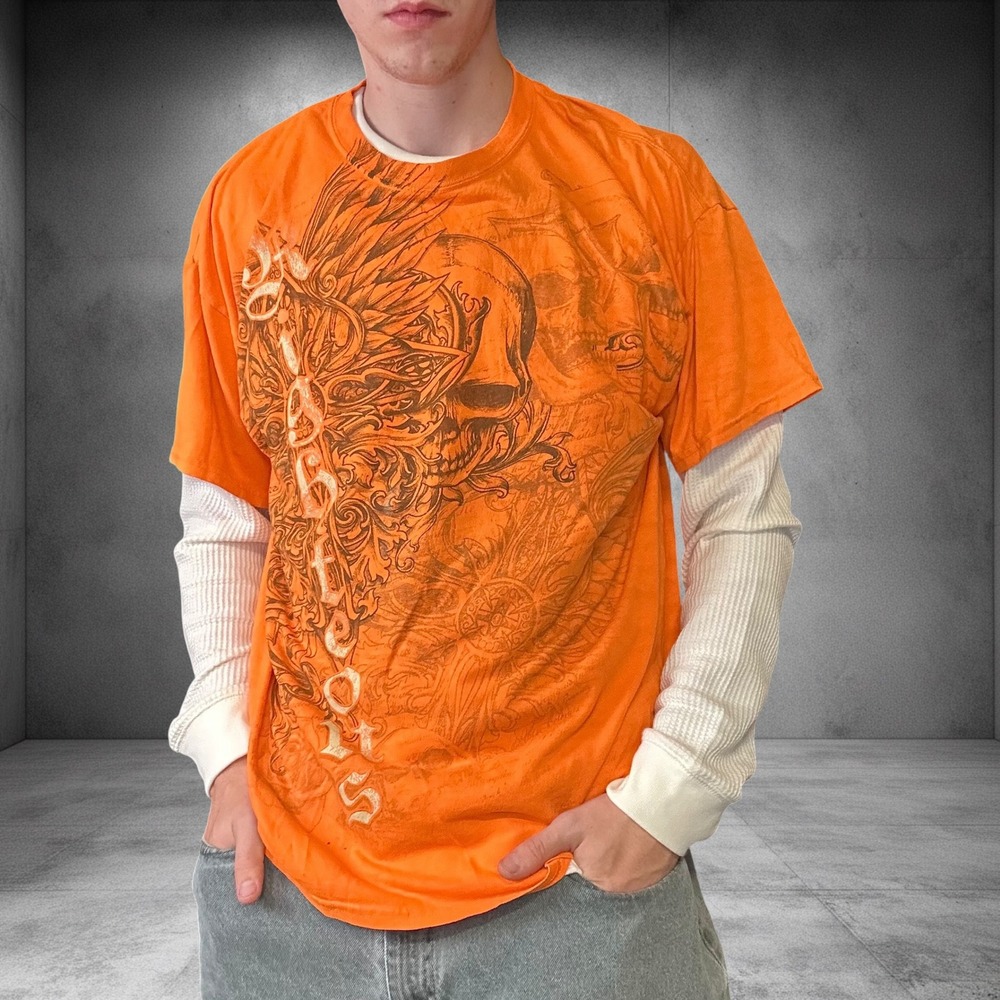 Vintage Righteous Orange Skull Graphic T Shirt Y2K Skater Grunge Boxy Tee 1367